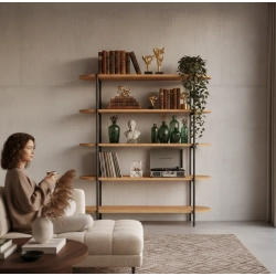 REGAŁ NA KSIĄŻKI 5 POZIOMOWY METALOWY DREWNO LITE DĄB JESION OLCHA  RNK-191